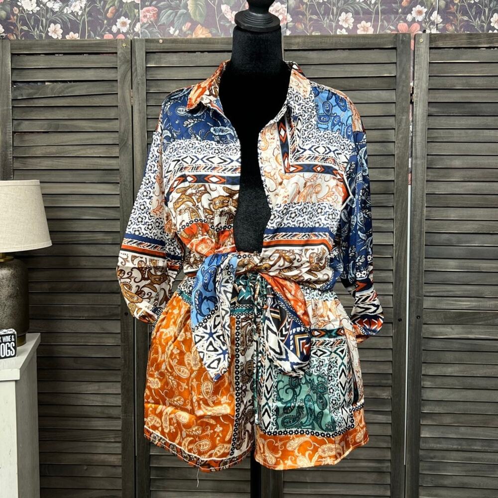 Inmod Patchwork Paisley 2 Piece Shorts Set M Button Down Resort Boho NWT - Picture 6 of 10